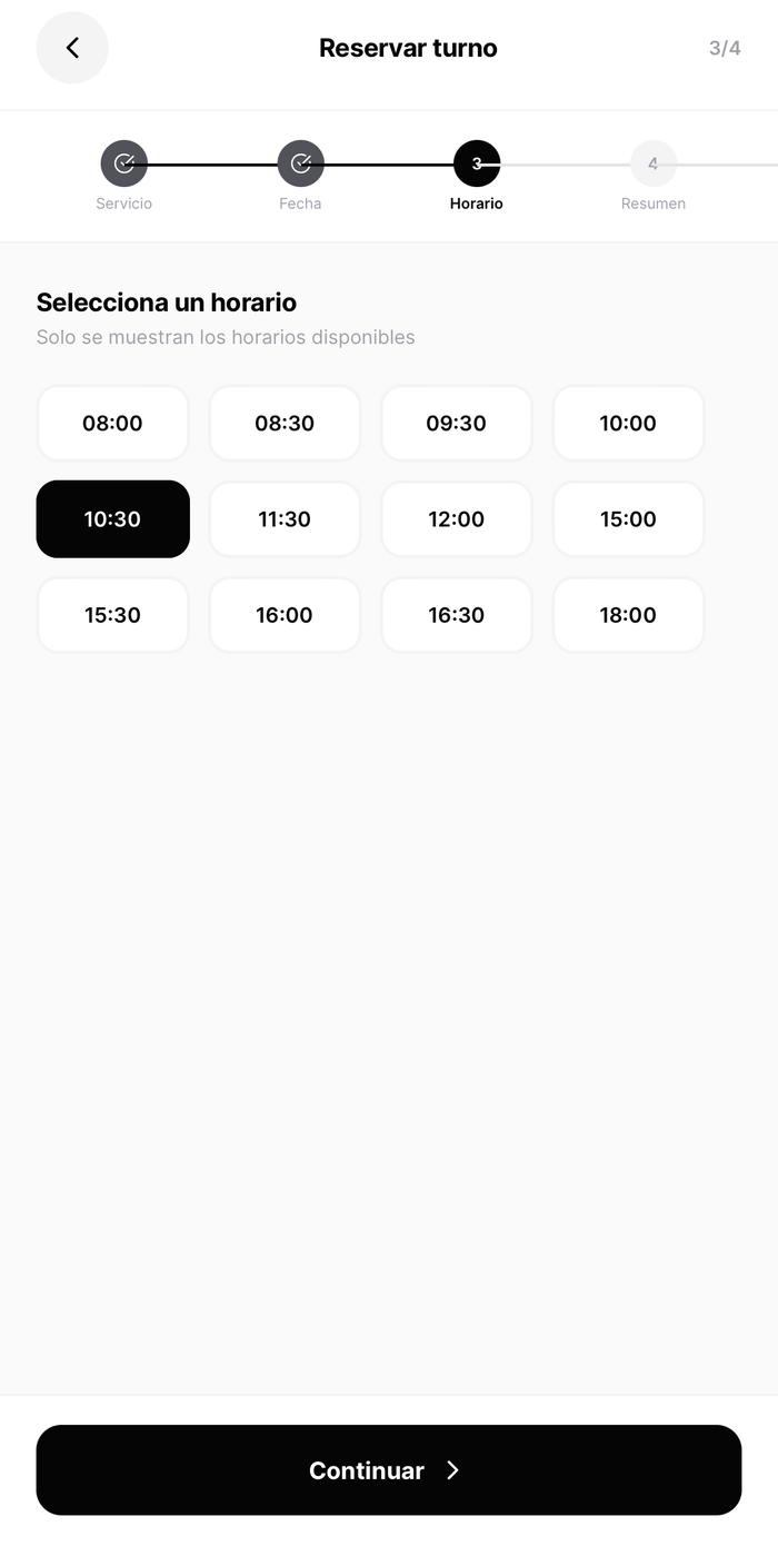 App Clubyn: selección de horario disponible para reservar
