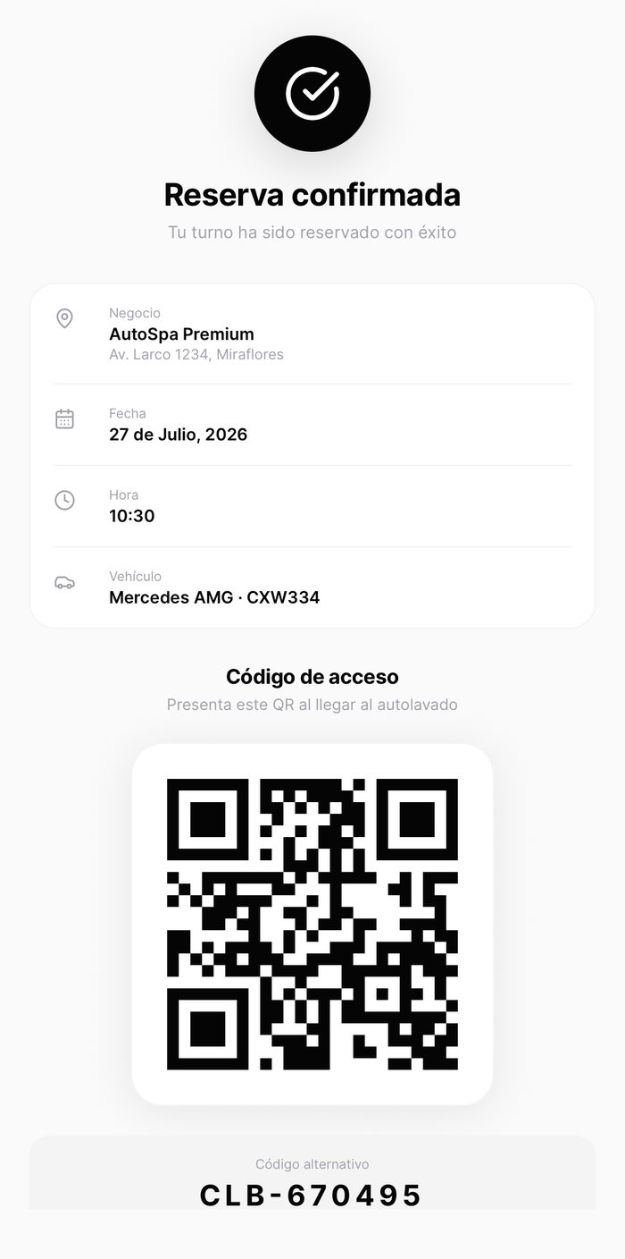 App Clubyn: reserva confirmada con código QR para presentar al llegar